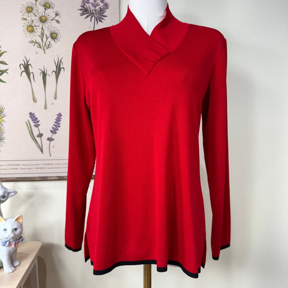Exclusively Misook Petite Red Slinky Stretch Travel Knit Long Sleeve Top SP